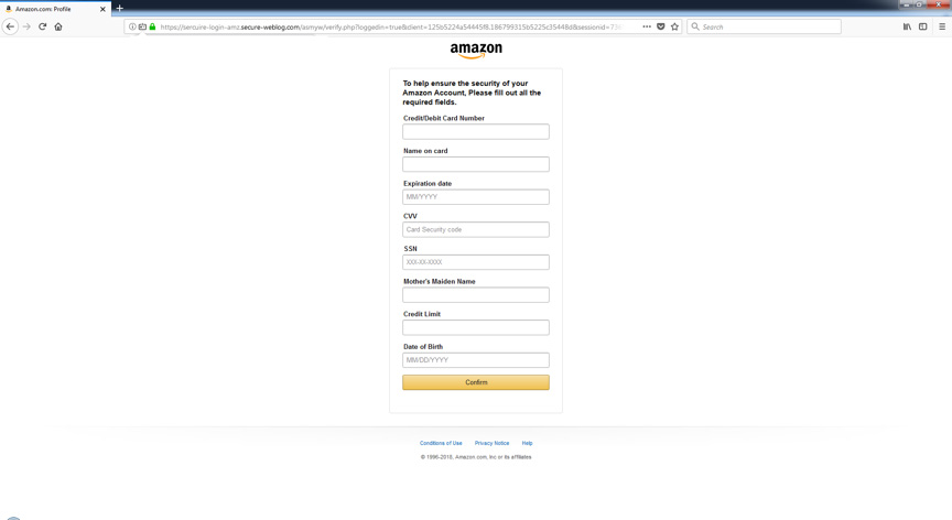 Фишинговая атака, имитирующая анкетную форму системы Amazon