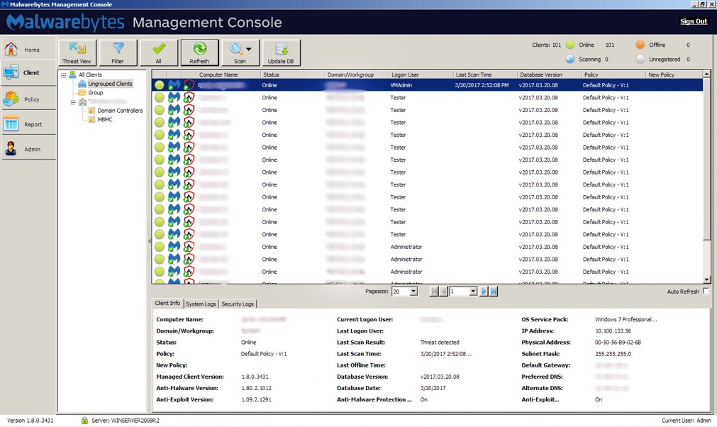 Панель управления Malwarebytes Management Console: Обзор клиентов 