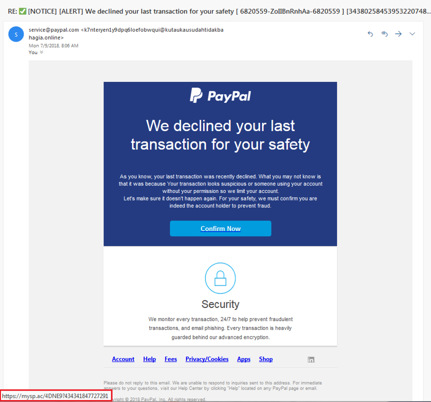 Фишинговая атака, имитирующая сообщение от системы PayPal